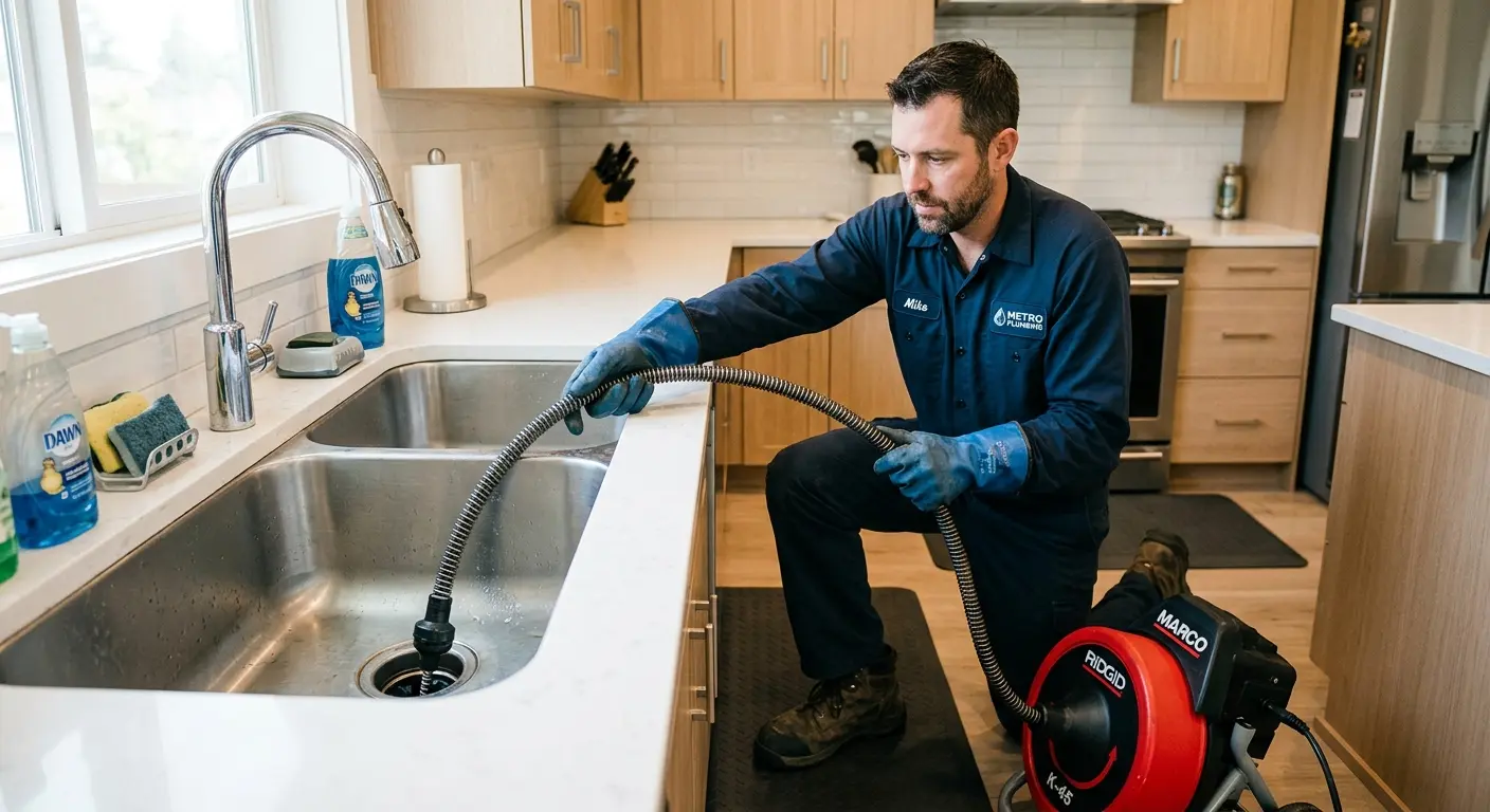 Drain cleaning technician using a motorized snake on a kitchen sink in Rochester
