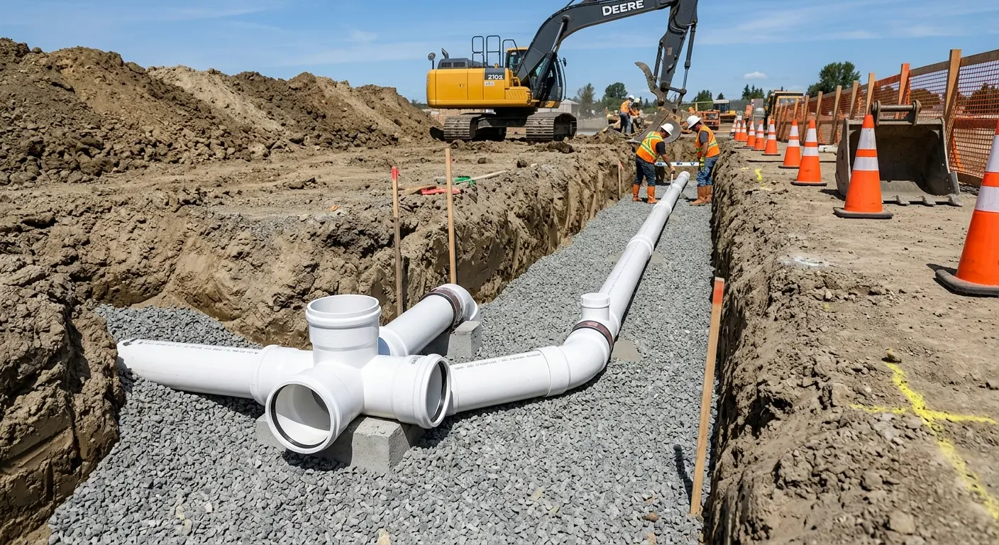 New PVC sewer pipe installation in open trench for Sewer Backup in Rochester