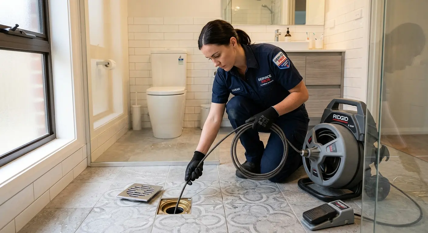 Technician clearing a bathroom floor drain for Drain Repair in Rochester